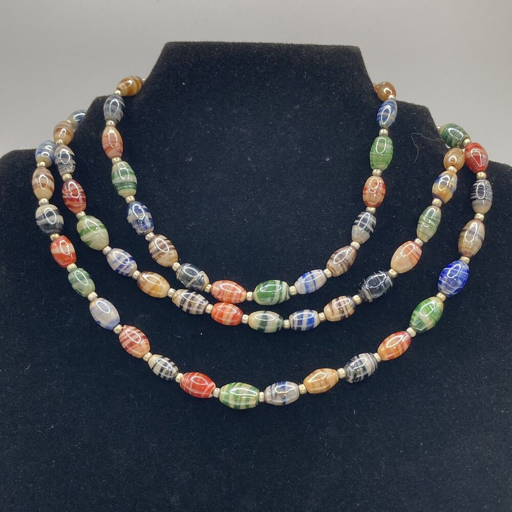Vintage Art Glass Beaded Necklace 44” Colorful Swirls Unique